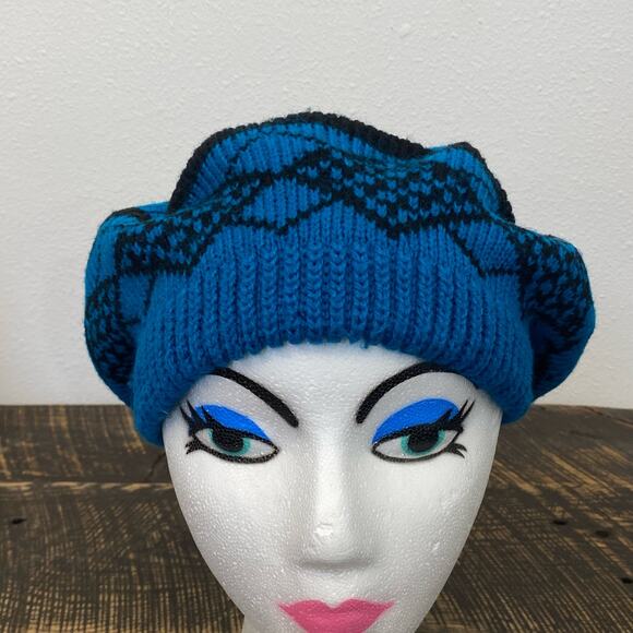 Vintage Blue Knit Beret Top Tassel Black Geometric Pattern Phillipines 80s 90s - Picture 4 of 12